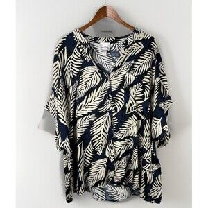Industry By Norstrom Woman Tropical Leaf Print Blouse Navy Ivory Short Sleeve 2X